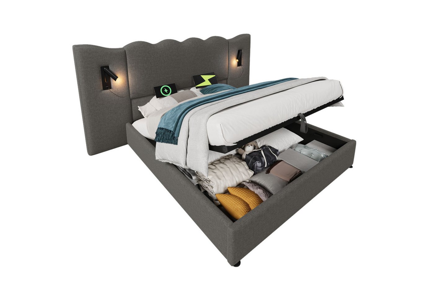 REDOM Polsterbett Hydraulisches Funktionsbett (Struraumbett, Doppelbett, 1-tlg., 180×200cm, ohne Matratze), mit Leselampe und USB Type-C Ladefunktion von REDOM