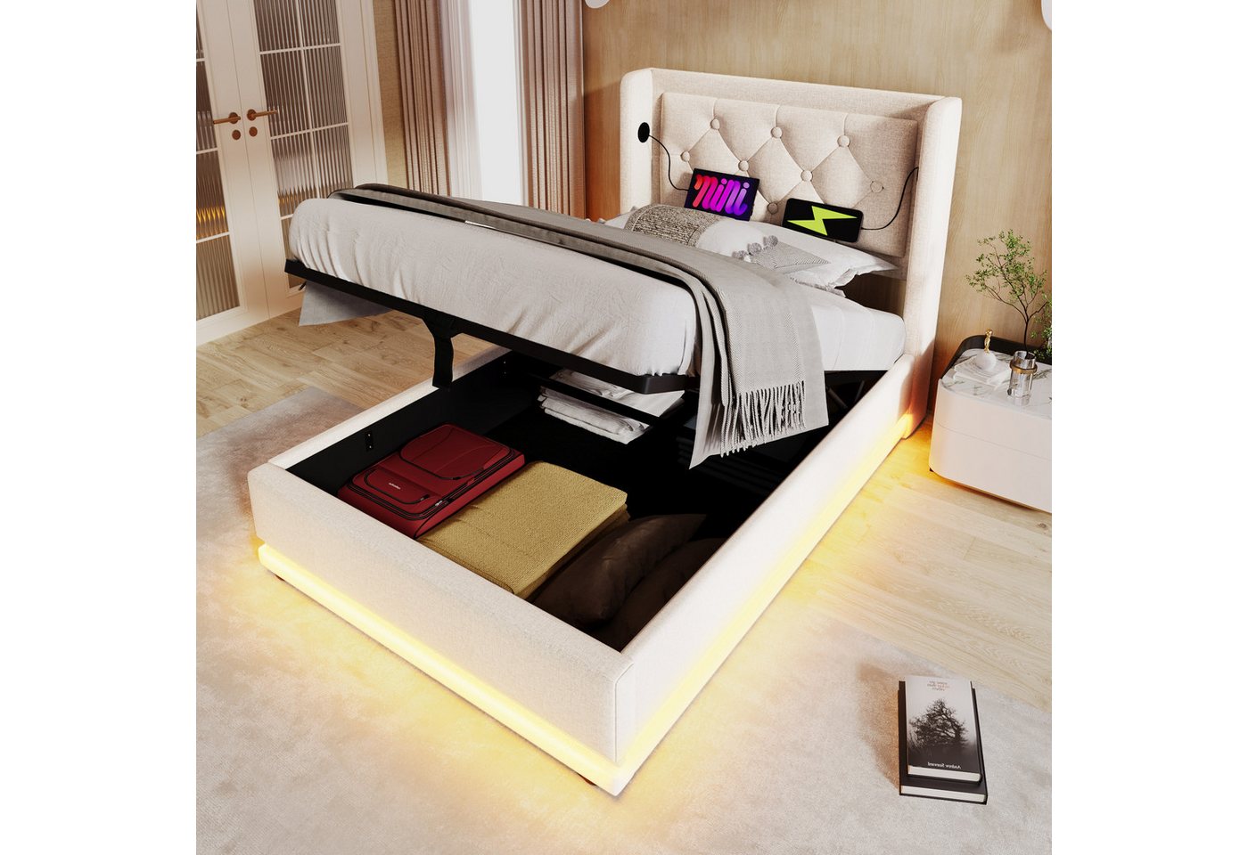 REDOM Polsterbett Jugendbett Bett Stauraumbett gepolsteres Bettgestell USB-Ladeanschluss (Stahlrahmen mit Hydraulisch anhebbarer Bettstauraum Holz-Lattenrost, 1-tlg., Baumwolle Einzelbett mit USB Typ-C Anschluss 90x200 cm Ohne Matratze), 3-seitige Farbwechsel LED Lichtleiste weich Kopfteil Schaum-Polsterung von REDOM