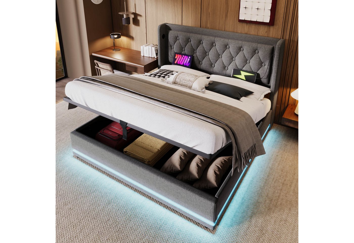 REDOM Polsterbett Jugendbett Bett Stauraumbett gepolsteres Bettgestell USB-Ladeanschluss (Stahlrahmen mit Hydraulisch anhebbarer Bettstauraum Holz-Lattenrost, 2-tlg., Baumwolle Doppelbett mit USB Typ-C Anschluss 140x200 cm mit Matratze), 3-seitige Farbwechsel LED Lichtleiste weich Kopfteil Schaum-Polsterung von REDOM