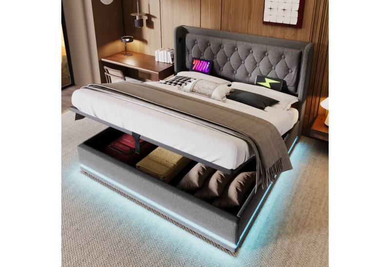 REDOM Polsterbett Jugendbett Bett Stauraumbett gepolsteres Bettgestell USB-Ladeanschluss (Stahlrahmen mit Hydraulisch anhebbarer Bettstauraum Holz-Lattenrost, 2-tlg., Baumwolle Doppelbett mit USB Typ-C Anschluss 140x200 cm mit Matratze), 3-seitige Farbwechsel LED Lichtleiste weich Kopfteil Schaum-Polsterung von REDOM