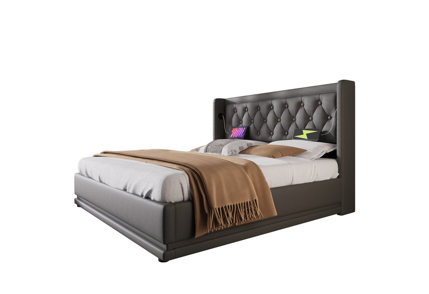 REDOM Polsterbett Jugendbett Bett Stauraumbett gepolsteres Bettgestell USB-Ladeanschluss (Stahlrahmen mit Hydraulisch anhebbarer Bettstauraum Holz-Lattenrost, 2-tlg., Baumwolle Doppelbett mit USB Typ-C Anschluss 140x200 cm Ohne Matratze), 3-seitige Farbwechsel LED Lichtleiste weich Kopfteil Schaum-Polsterung von REDOM