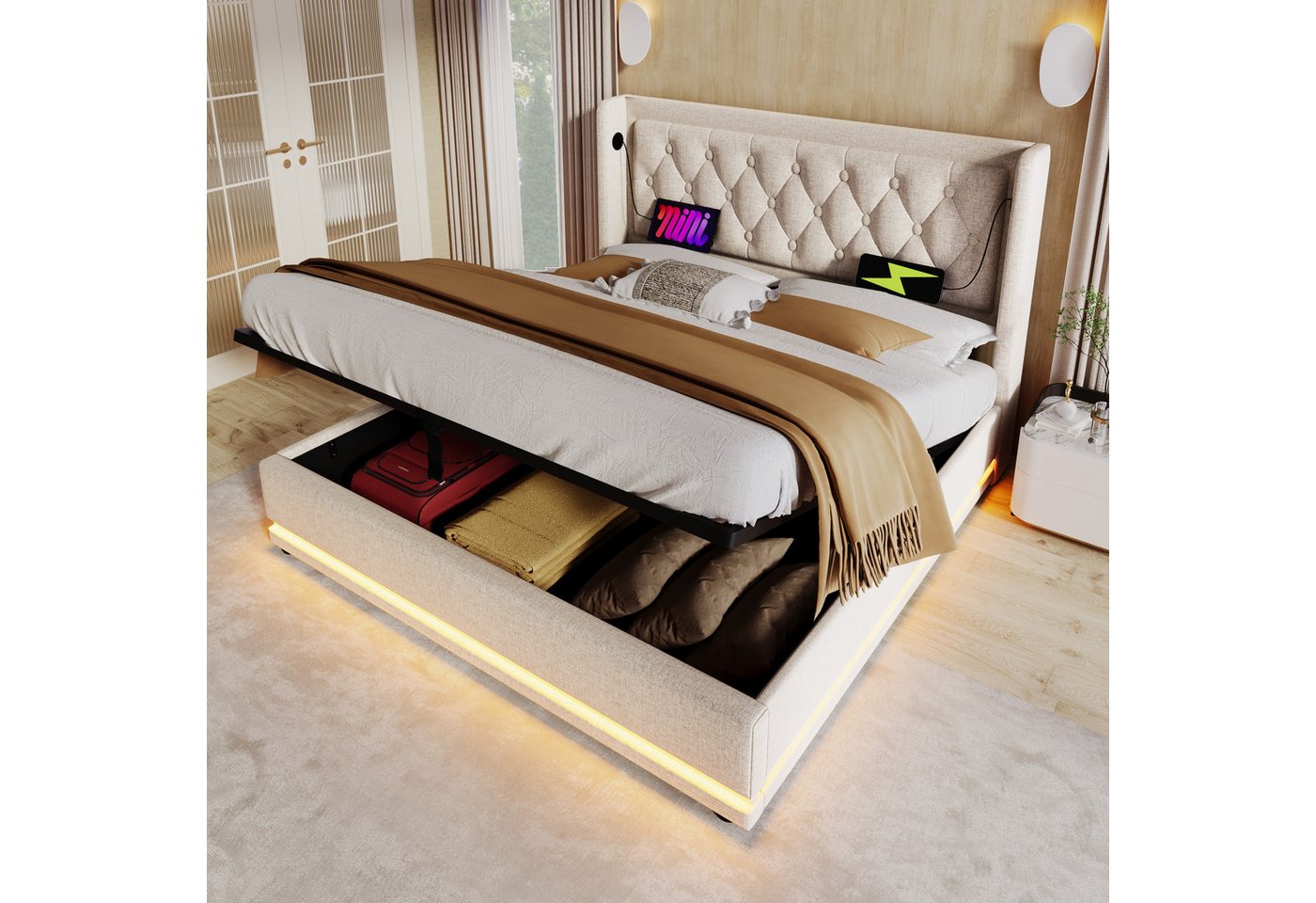 REDOM Polsterbett Jugendbett Bett Stauraumbett gepolsteres Bettgestell USB-Ladeanschluss (Stahlrahmen mit Hydraulisch anhebbarer Bettstauraum Holz-Lattenrost, 2-tlg., Baumwolle Doppelbett mit USB Typ-C Anschluss 160x200 cm mit Matratze), 3-seitige Farbwechsel LED Lichtleiste weich Kopfteil Schaum-Polsterung von REDOM
