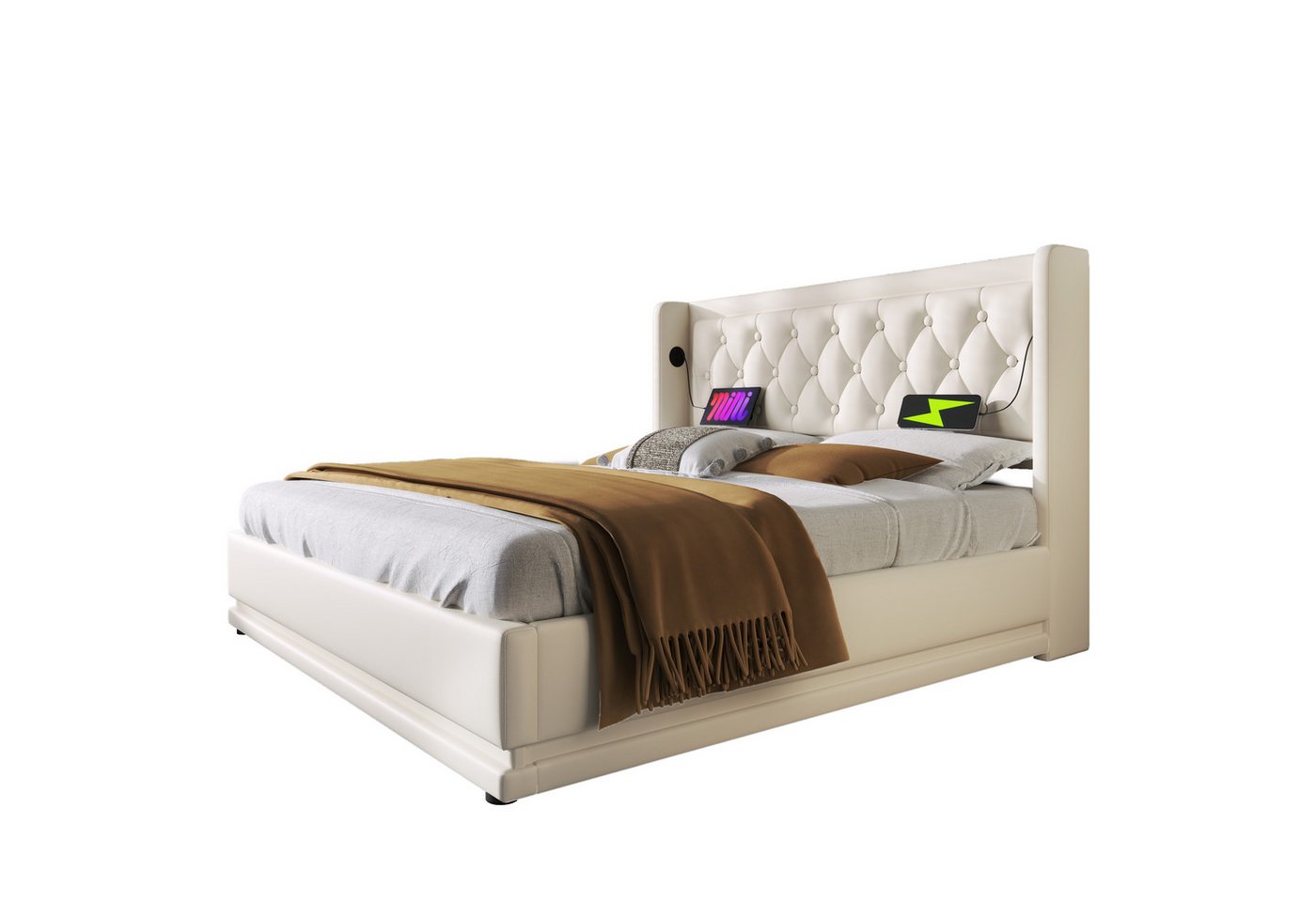 REDOM Polsterbett Jugendbett Bett Stauraumbett gepolsteres Bettgestell USB-Ladeanschluss (Stahlrahmen mit Hydraulisch anhebbarer Bettstauraum Holz-Lattenrost, 2-tlg., Baumwolle Doppelbett mit USB Typ-C Anschluss 140x200 cm Ohne Matratze), 3-seitige Farbwechsel LED Lichtleiste weich Kopfteil Schaum-Polsterung von REDOM