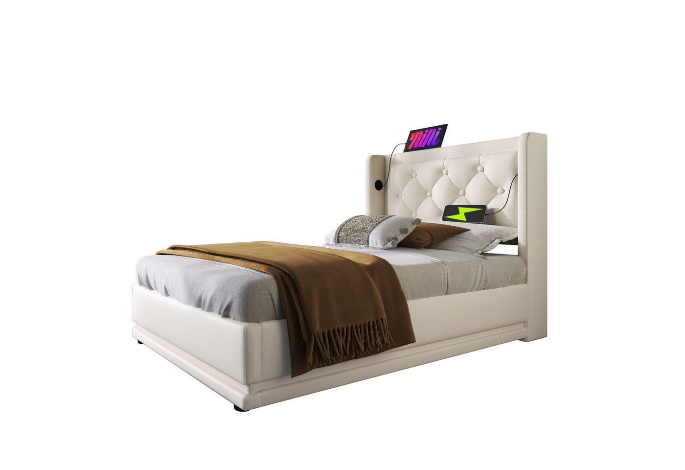 REDOM Polsterbett Jugendbett Bett Stauraumbett gepolsteres Bettgestell USB-Ladeanschluss (Stahlrahmen mit Hydraulisch anhebbarer Bettstauraum Holz-Lattenrost, 2-tlg., Baumwolle Doppelbett mit USB Typ-C Anschluss 140x200 cm Ohne Matratze), 3-seitige Farbwechsel LED Lichtleiste weich Kopfteil Schaum-Polsterung von REDOM