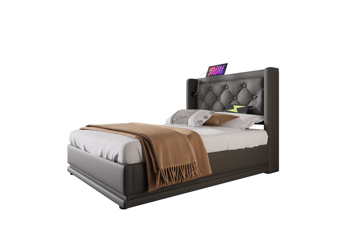 REDOM Polsterbett Jugendbett Bett Stauraumbett gepolsteres Bettgestell USB-Ladeanschluss (Stahlrahmen mit Hydraulisch anhebbarer Bettstauraum Holz-Lattenrost, 2-tlg., Baumwolle Doppelbett mit USB Typ-C Anschluss 140x200 cm Ohne Matratze), 3-seitige Farbwechsel LED Lichtleiste weich Kopfteil Schaum-Polsterung von REDOM