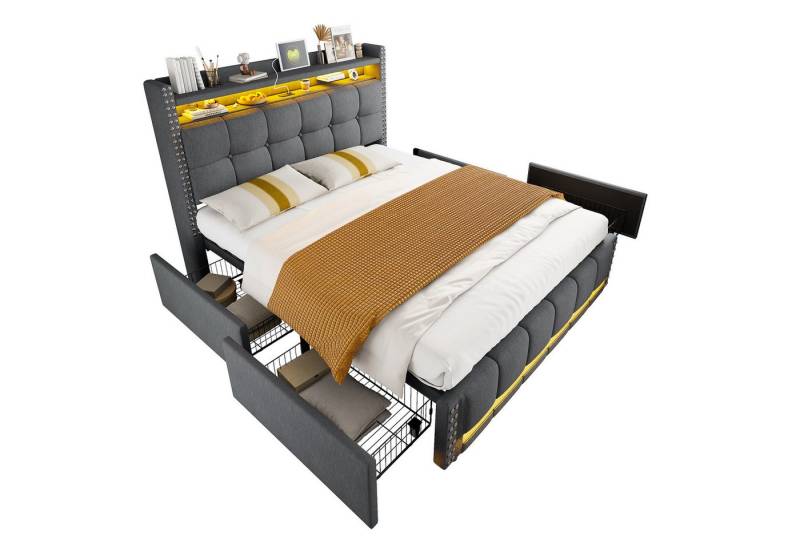REDOM Polsterbett Jugendbett Stauraumbett Doppelbett Funktionsbett (Funktionsbett mit LED-Beleuchtung, USB-Steckdose, Stauraum und 4 Schubladen, 140 x 200 cm), ohne Matratze von REDOM