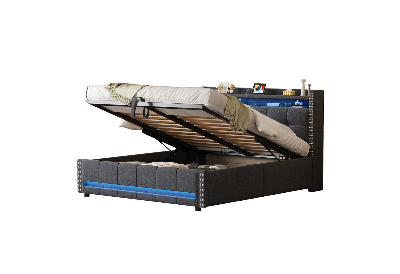 REDOM Polsterbett Jugendbett Stauraumbett Doppelbett Funktionsbett (Jugendbett,mit LED-Beleuchtung, USB-Anschluss & Hydraulik-Stauraum, 160 x 200 cm), ohne Matratze von REDOM