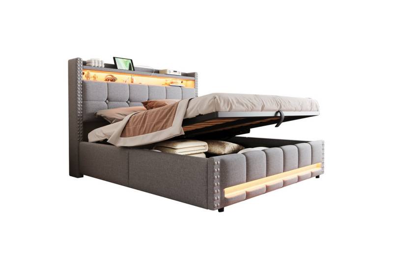 REDOM Polsterbett Jugendbett Stauraumbett Doppelbett Funktionsbett (Jugendbett,mit LED-Beleuchtung, USB-Anschluss & Hydraulik-Stauraum, 160 x 200 cm), ohne Matratze von REDOM