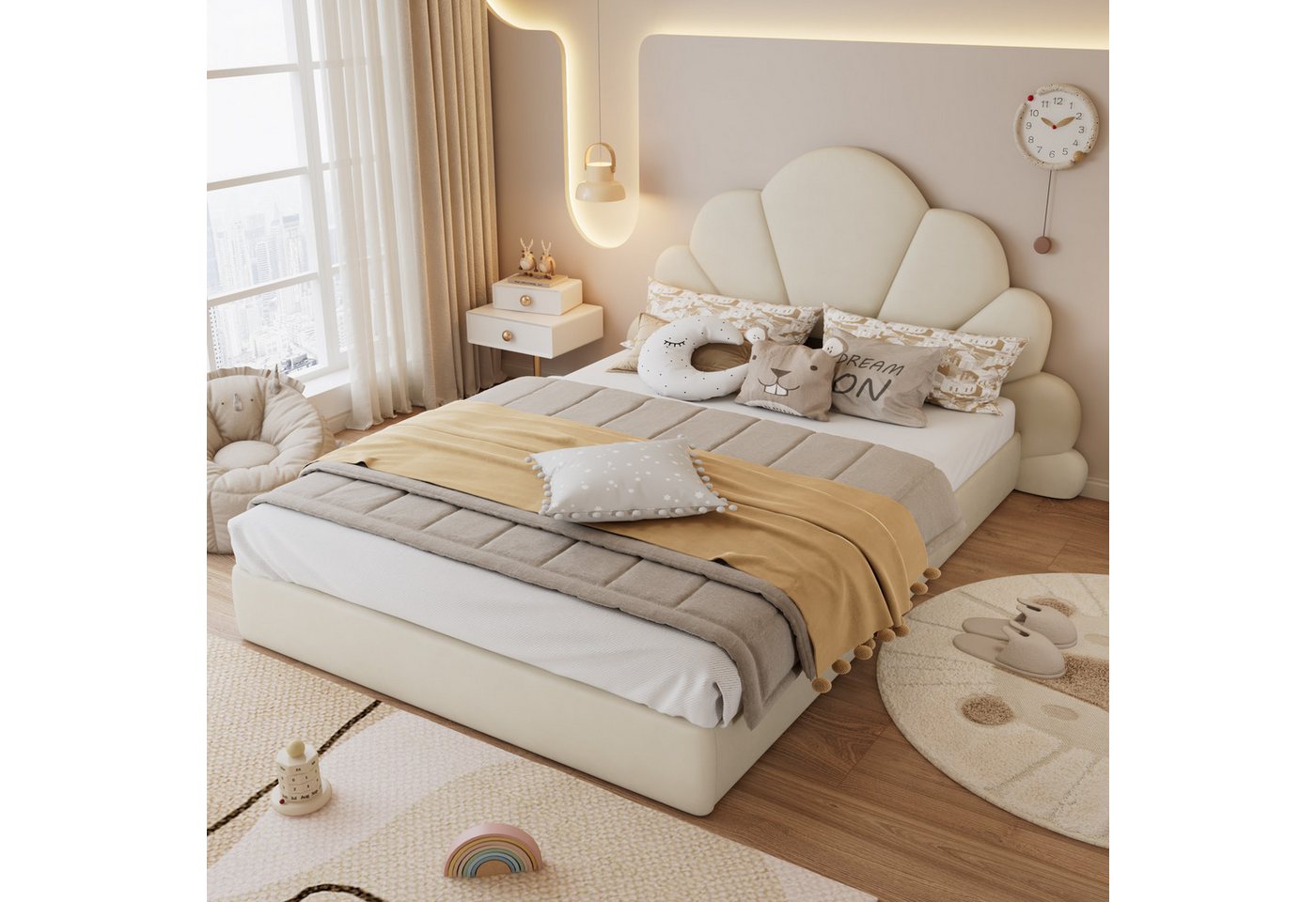 REDOM Polsterbett Kinderbet mit Blüten-Kopfteil, Samtbezug, modernes Design (rutschfestes Bodendesign, stabil, ideal für Paare und Jugendliche, 140x200 cm), Inklusive Matratze von REDOM