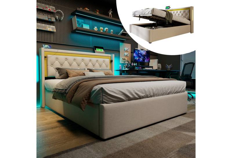 REDOM Polsterbett LED Doppelbett (Stauraumbetten Bettkasten mit USB Typ C Ladefunktion Kopfteil), Bettgestell aus Baumwolle Jugendbett 160x200 mit lattenrost von REDOM