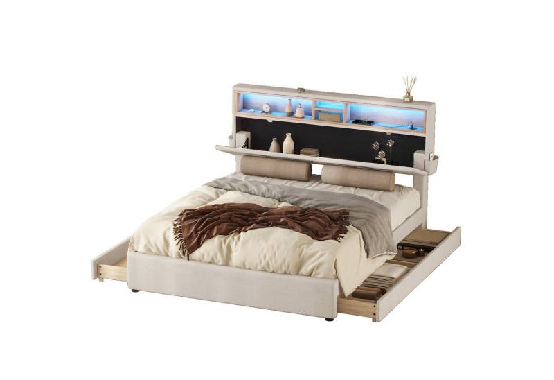 REDOM Polsterbett LED Doppelbett USB Steckdose Schubladen (Funktionsbett mit vier Schubladen, verstellbares Kopfteil, mit USB-Aufladung und LED-Beleuchtung), mit aufladen USB und LED-Beleuchtung,ohne Matratze von REDOM