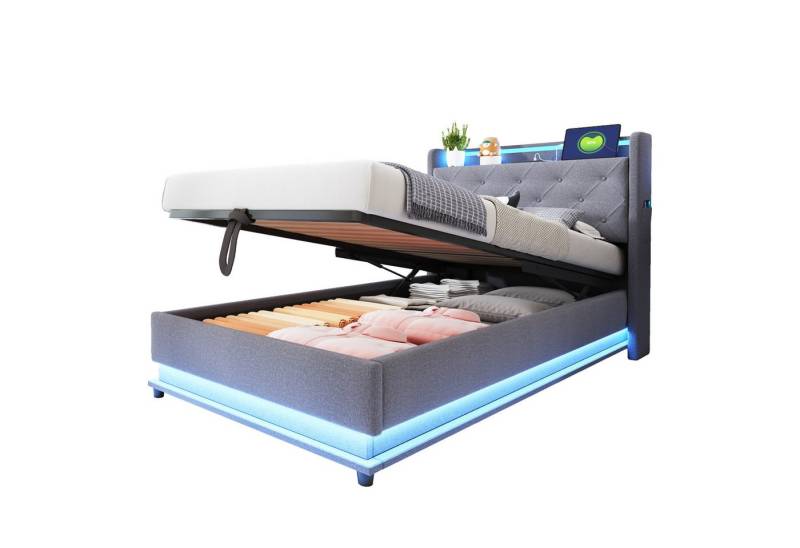 REDOM Polsterbett LED Doppelbett mit USB-Ladeanschluss und Hydraulischer Lagerung (mit Farbwechsel-Lichtern, USB-Steckdose & Hydraulischem Stauraum – Aufklappbares Kopfteil, Handytasche, Ideal für Kinderzimmer 90x200 cm), ohne Matratze von REDOM