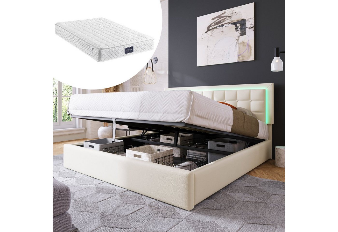 REDOM Polsterbett Leder Doppelbett Bett Funktionsbett Hydraulisch mit LED Leuchte (mit Stauraum, Massivholzbett), 160 x 200cm, Inklusive-Matratze von REDOM
