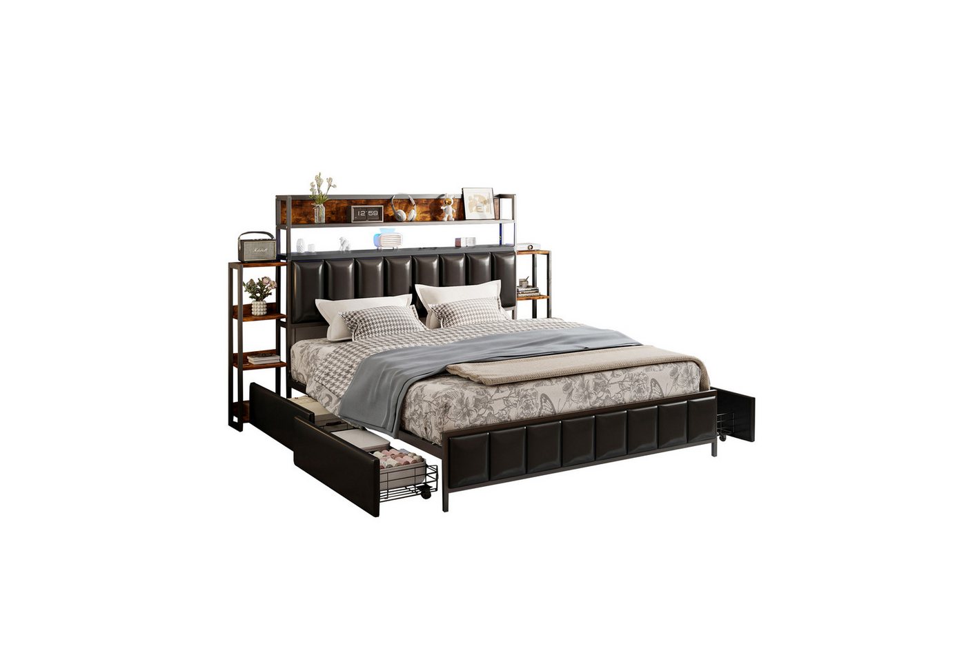 REDOM Polsterbett Metallbett Funktionsbett Eisenbett Stauraumbett (mit integrierten Regalen, LED-Lichtern und stabilem Massiv-Eisenrahmen, 160x200 cm), ohne Matratze REDOM Polsterbett Metallbett Funktionsbett Eisenbett Stauraumbett (mit integrierten Regalen, LED-Lichtern und stabilem Massiv-Eisenrahmen, 160x200 cm), ohne Matratze von REDOM