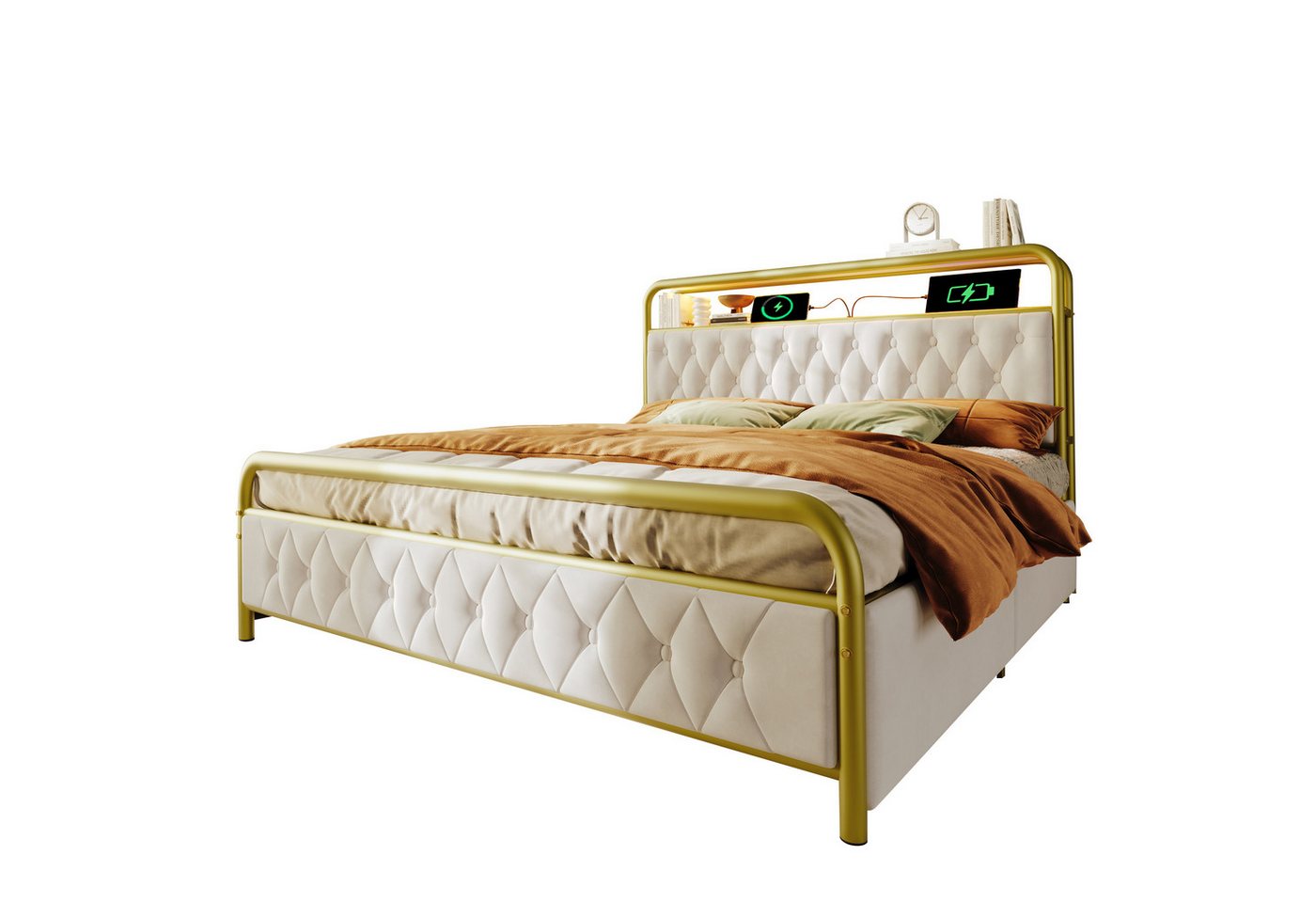 REDOM Polsterbett Metallbett Stauraumbett (Doppelbett, 180×200CM, mit Bettrahmen und 4 Schubladen, ohne Matratze), mit aufladen USB Type C Ladefunktion APP-Control LED von REDOM