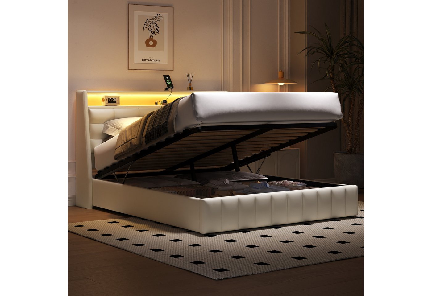 REDOM Polsterbett Modernes Polsterbett (mit LED-Licht & USB-Anschluss, großem Stauraum und verstellbaren Kopfkissen, 1-tlg., 215 x 167 x 110) von REDOM