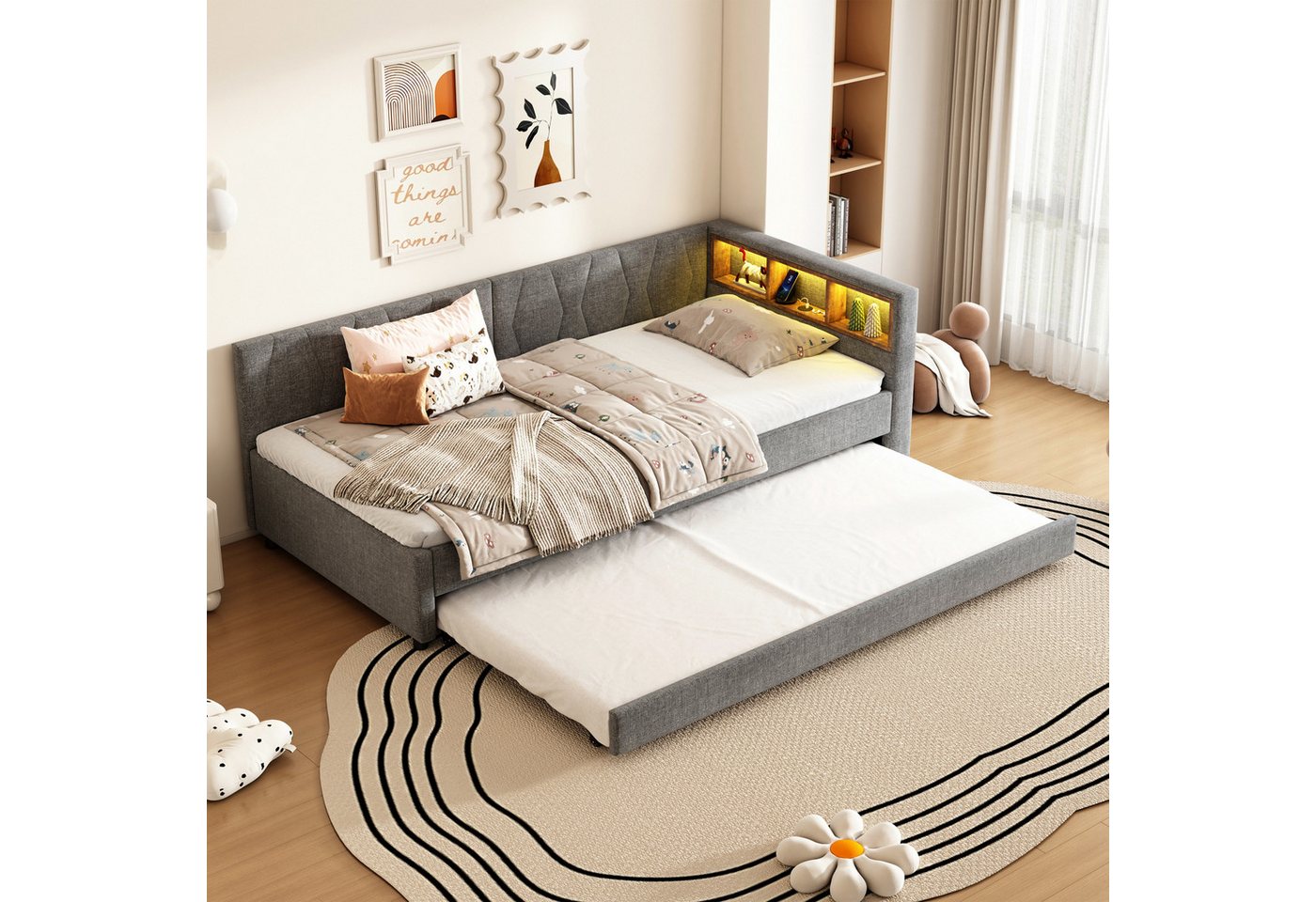 REDOM Polsterbett Modernes Polsterbett mit LED-Beleuchtung (USB-Ladeanschluss und ausziehbarem Rollbett, Kompaktes Schlafsofa mit Stauraum, für Wohn- & Gästezimmer 90x200cm), Inklusive Matratze(Hauptbett mit einer Matratze von 10 cm Höhe) von REDOM