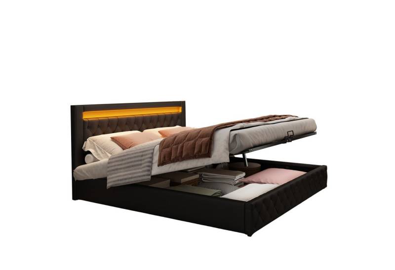 REDOM Polsterbett Polsterbett Doppelbett Stauraumbett Bett mit Lattenrost ohne Matratze (180 x 200 cm ohne Matratze), Funktionsbett mit Lattenrost und Stauraum,Mit LED-Beleuchtung von REDOM