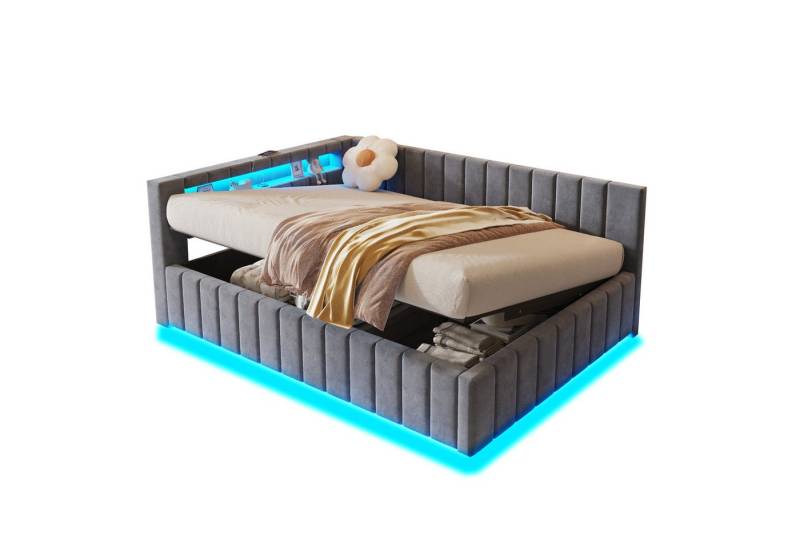 REDOM Polsterbett Schlafsofa Kinderbett Funktionsbett (mit hydraulischem Stauraum, LED-Beleuchtung & USB-Anschluss – Gepolstertes, 140 x 200 cm), Ohne Matratze von REDOM