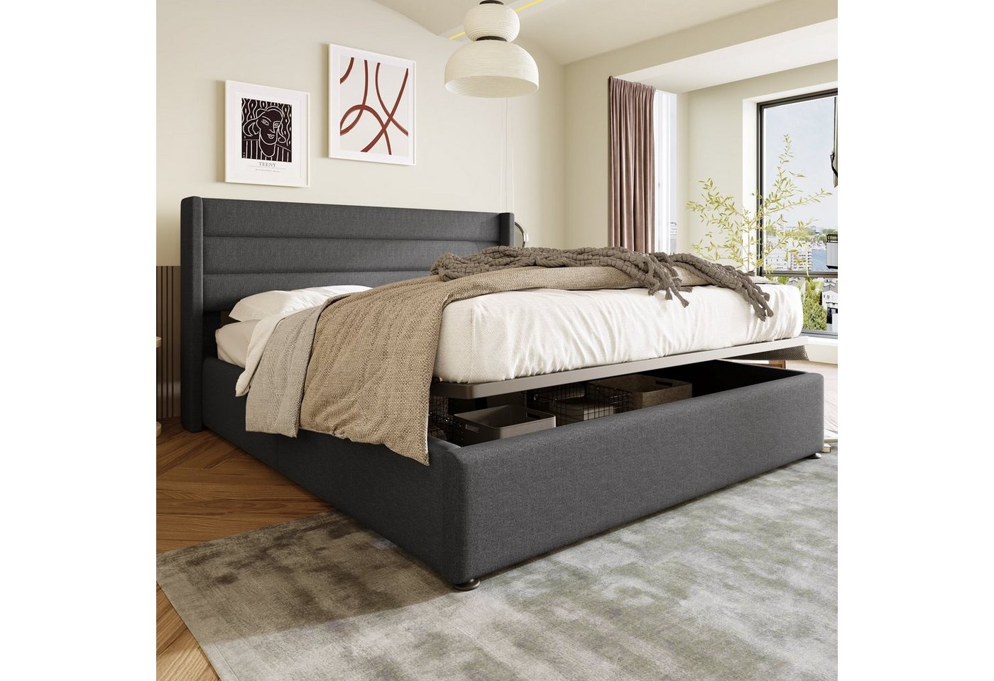 REDOM Polsterbett Stauraumbett Doppelbett, Bett mit Lattenrost aus Metallrahmen, Lattenrost aus Holz von REDOM