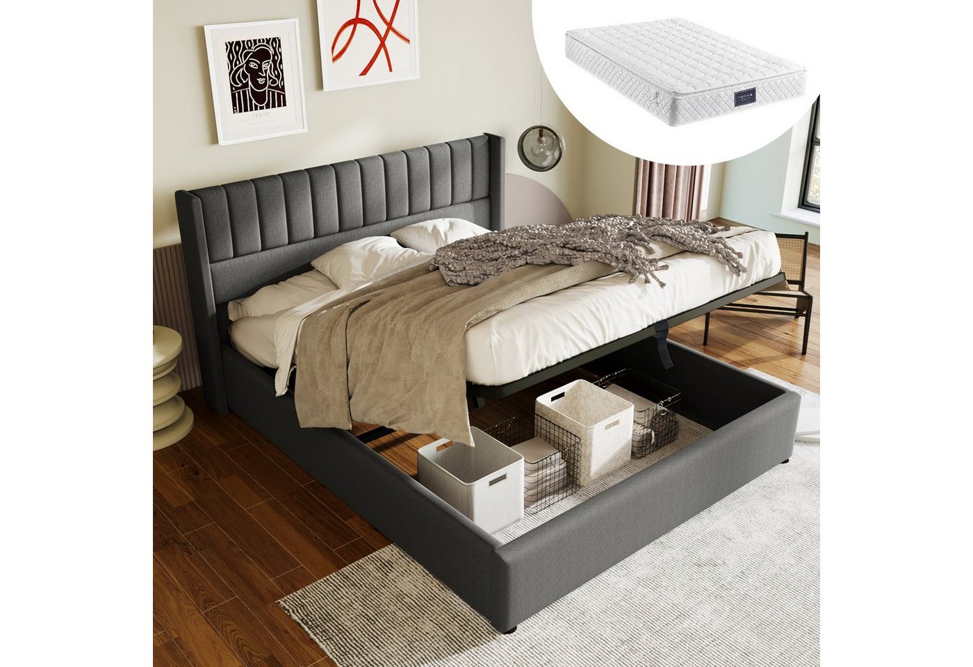 REDOM Polsterbett Stauraumbett Doppelbett (140x200cm Grau Leinen Inklusive-Matratze), Bett mit Lattenrost aus Metallrahmen, Lattenrost aus Holz von REDOM