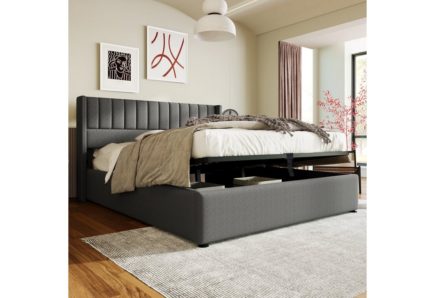 REDOM Polsterbett Stauraumbett Doppelbett (140x200cm Grau Leinen ohne Matratze), Bett mit Lattenrost aus Metallrahmen, Lattenrost aus Holz von REDOM