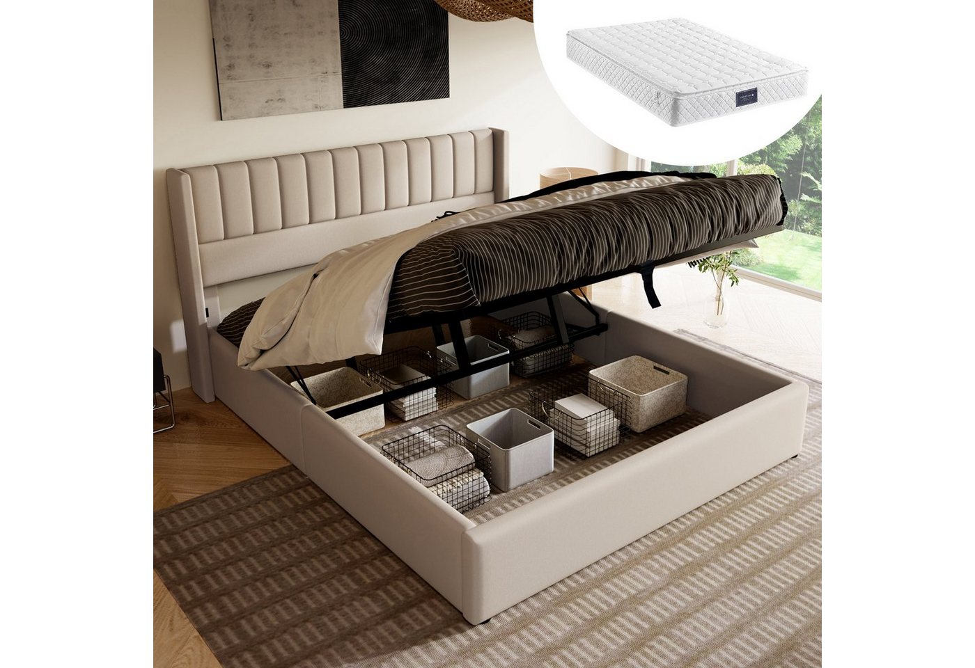 REDOM Polsterbett Stauraumbett Doppelbett (160x200cm Leinen Inklusive-Matratze), Bett mit Lattenrost aus Metallrahmen, Lattenrost aus Holz von REDOM