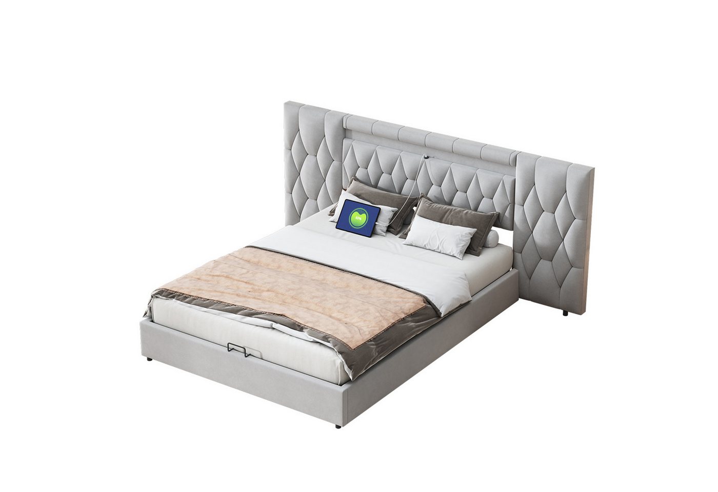 REDOM Polsterbett Stauraumbett Doppelbett mit großer Rückenlehne (mit LED und USB-Steckdose,hydraulisches Stauraumsystem, 160x200 cm), ohne Matratze von REDOM