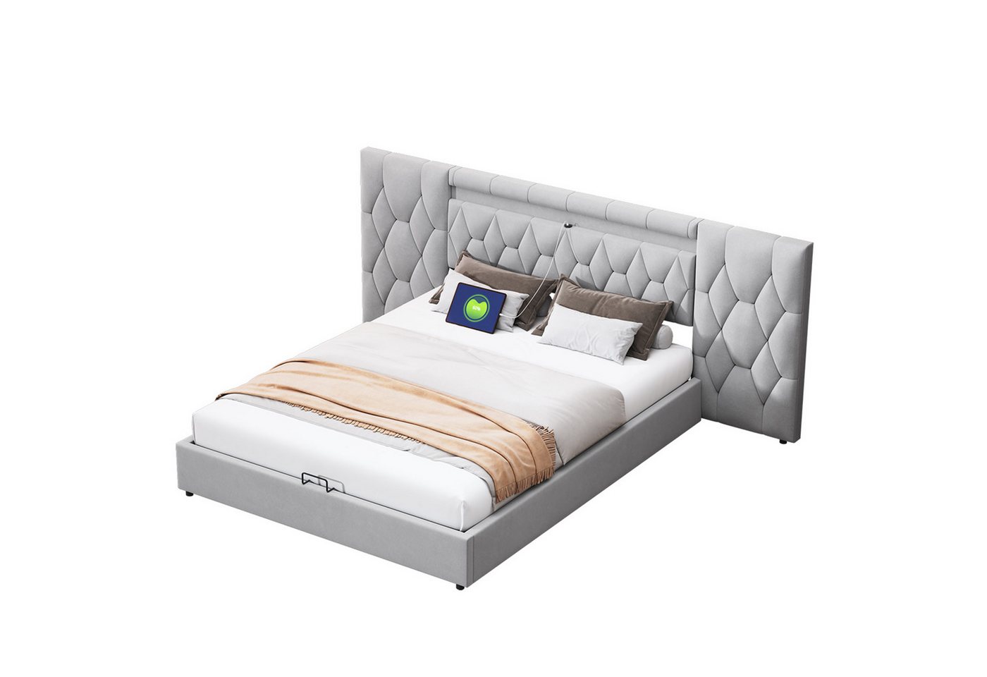 REDOM Polsterbett Stauraumbett Doppelbett mit großer Rückenlehne (mit LED und USB-Steckdose,hydraulisches Stauraumsystem, 180x200 cm), ohne Matratze von REDOM