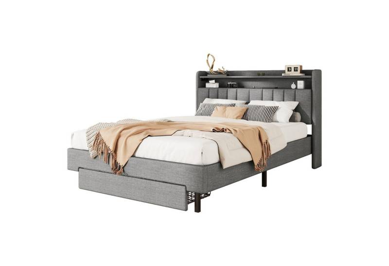 REDOM Polsterbett Stauraumbett Flachbett Gästebett (LED-Wärmelampe, USB-Steckdose, aufklappbares Kopfteil, eingebautes Staufach, Bettkästen 140x200 cm), ohne Matratze von REDOM