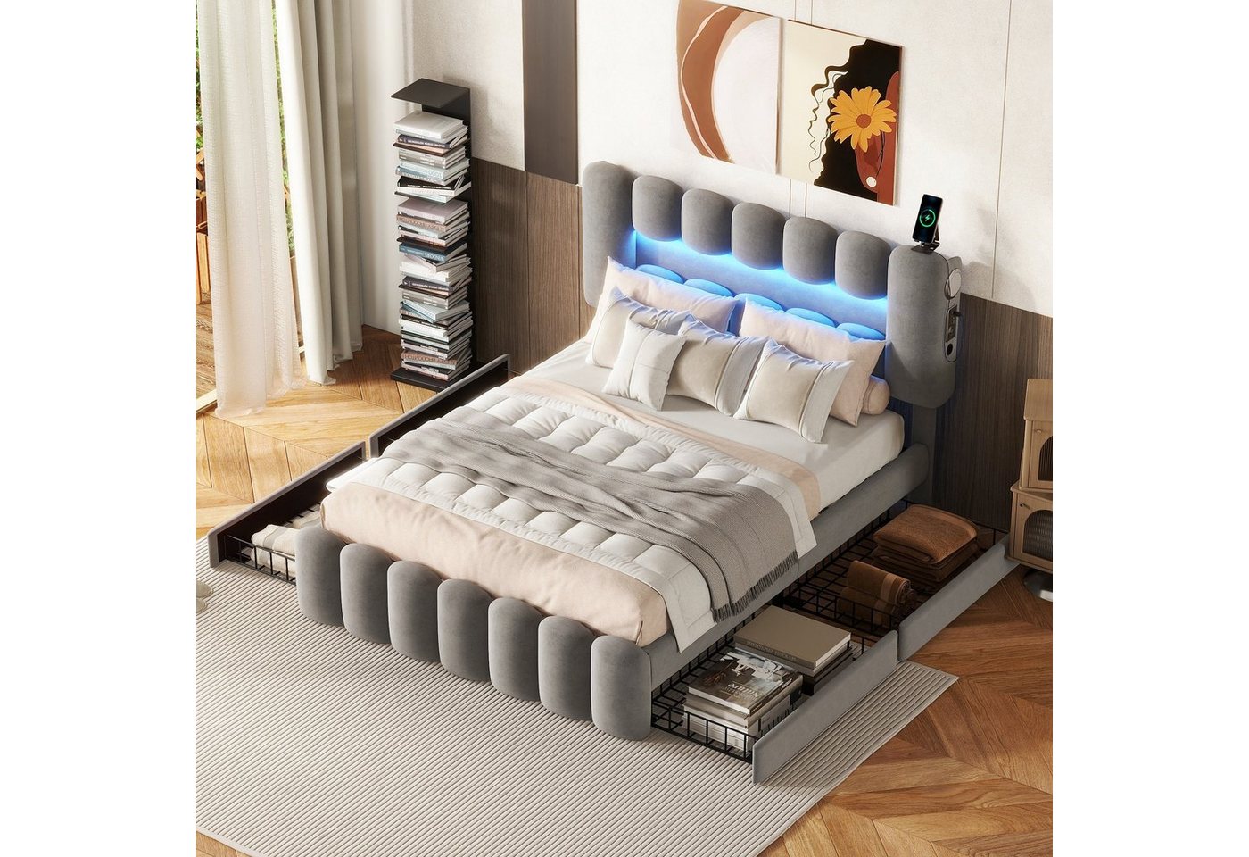 REDOM Polsterbett Stauraumbett Funktionsbett Doppelbett 140 x 200cm (mit LED-Lichtleiste mit USB und Stereoanlage 140 x 200 cm, mit 4 Schubladen), ohne Matratze von REDOM