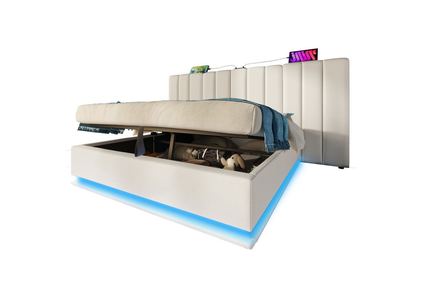 REDOM Polsterbett Stauraumbett mit Lattenrost (Doppelbett, Funktionsbett mit Bettkasten und Lattenrost, 1-tlg., 180×200cm, ohne Matratze), mit App-Steuerung LED und USB-C Ladefunktion von REDOM