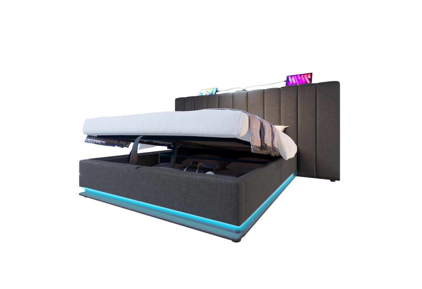 REDOM Polsterbett Stauraumbett mit Lattenrost (Doppelbett, Funktionsbett mit Bettkasten und Lattenrost, 1-tlg., 180×200cm, ohne Matratze), mit App-Steuerung LED und USB-C Ladefunktion von REDOM