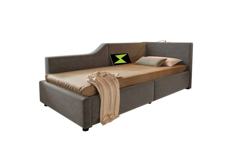 REDOM Polsterbett Tagesbett mit Samtstoffbezug (Kinderbett Jugendbett, Bettgestell mit Lattenrost aus Holz, mit hydraulischem Stauraum, Leselichtfunktion und USB-C-Ladefunktion), 90x200cm, ohne Matratze von REDOM
