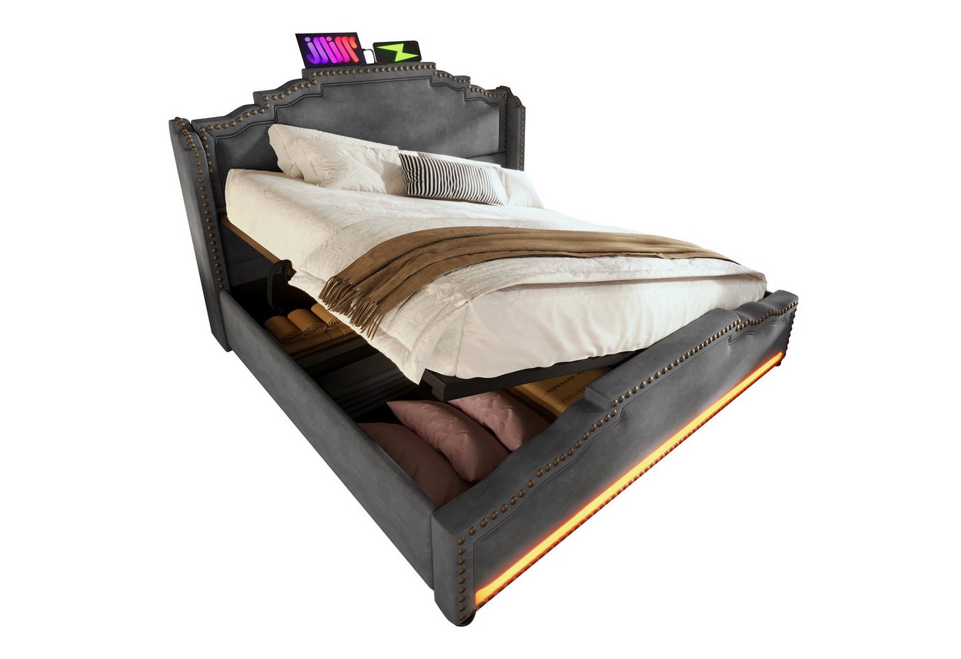 REDOM Polsterbett Vintage Bett mit hydraulischem Stauraum (Stauraumbett, Jugendbett, Funktionsbett, 1-tlg., 140×200cm, mit Matratze), mit LED-Beleuchtung und USB-C-Ladeanschluss von REDOM