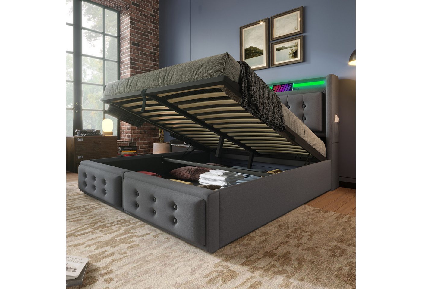 REDOM Polsterbett aus Holz und Metallrahmen (Hydraulisches Bett mit Lattenrost, 2-tlg., 140x200cm, mit Matratze, Grau), mit Led-Kopfteil und USB C Ladefunktion von REDOM