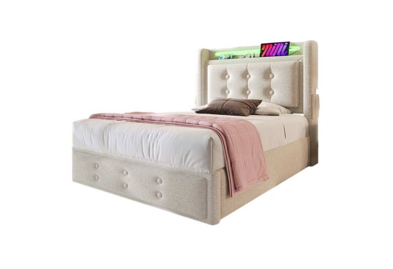 REDOM Polsterbett aus Holz und Metallrahmen (Hydraulisches Bett mit Lattenrost, 2-tlg., 90x200cm, mit Matratze, Beige), mit Led-Kopfteil und USB C Ladefunktion von REDOM