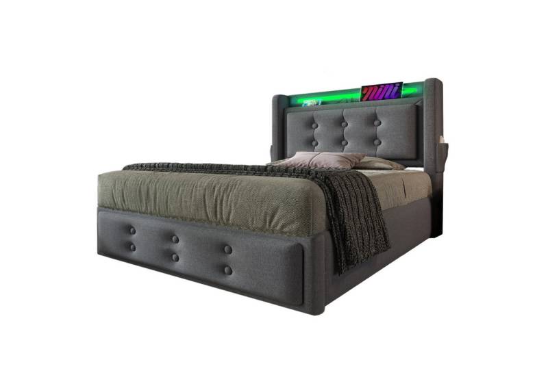 REDOM Polsterbett aus Holz und Metallrahmen (Hydraulisches Bett mit Lattenrost, 2-tlg., 90x200cm, mit Matratze, Grau), mit Led-Kopfteil und USB C Ladefunktion von REDOM