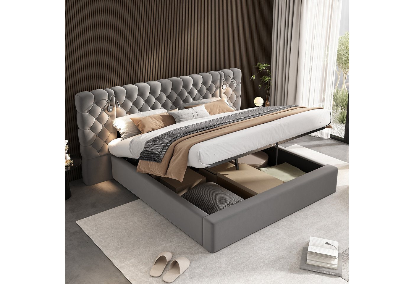 REDOM Polsterbett hydraulisches Breitohrbett (Struraumbett, Doppelbett, Funktionsbett, 1-tlg., 160 x 200cm, ohne Matratze), mit Lampemit Beleuchtung, großes Kopfteil-Design von REDOM