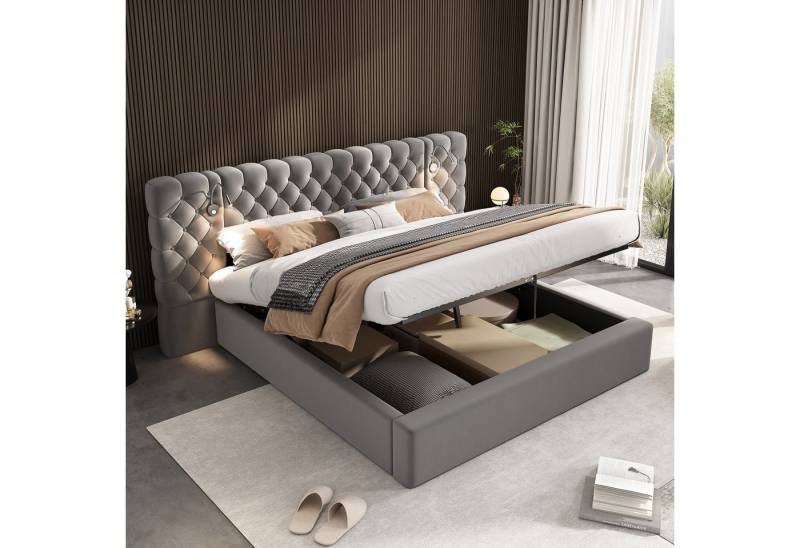 REDOM Polsterbett hydraulisches Breitohrbett (Struraumbett, Doppelbett, Funktionsbett, 1-tlg., 160 x 200cm, ohne Matratze), mit Lampemit Beleuchtung, großes Kopfteil-Design von REDOM