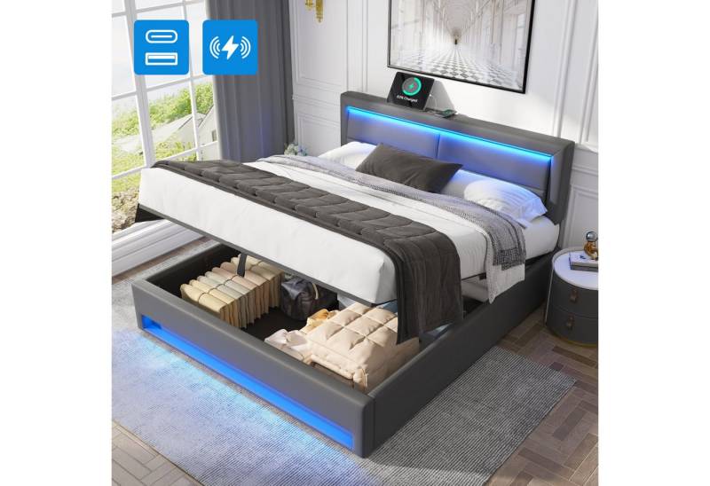 REDOM Polsterbett Polsterung aus Schaum (Stahlrahmen mit Bettstauraum 4 Schubladen und Holz-Lattenrost, Doppelbett USB-Anschluss und Kabellos Ladepad 160x200 cm Ohne Matratze), höhenverstellbar Kopfteil von REDOM