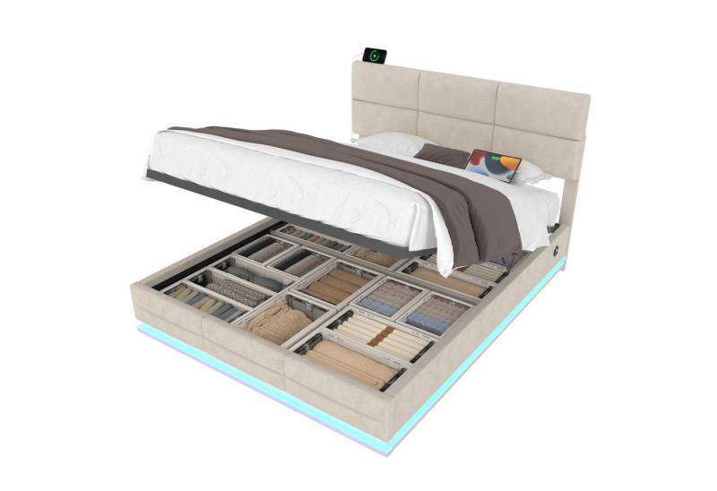 REDOM Polsterbett mit LED & USB, hydraulischem Stauraum und höhenverstellbarem Kopfteil (Funktionsbett Stauraumbett 140x200cm, ideal Familien & moderne Schlafzimmer), mit Matratze von REDOM