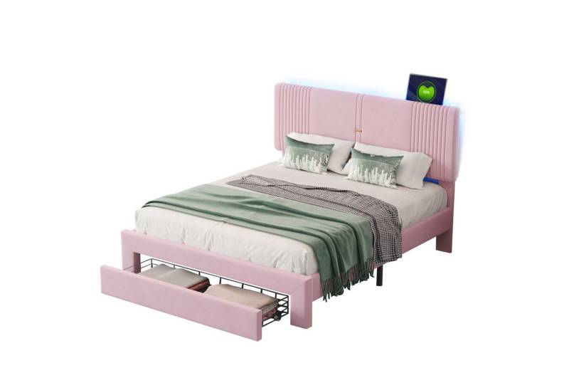 REDOM Polsterbett mit Lichtleiste und USB-Buchse,Doppelbett in Samtstoff (mit Rückenlehne und großer Schublade,geeignet für Erwachsene und Jugendliche, geeignet für Erwachsene und Jugendliche 140 x 200cm), ohne Matratze von REDOM