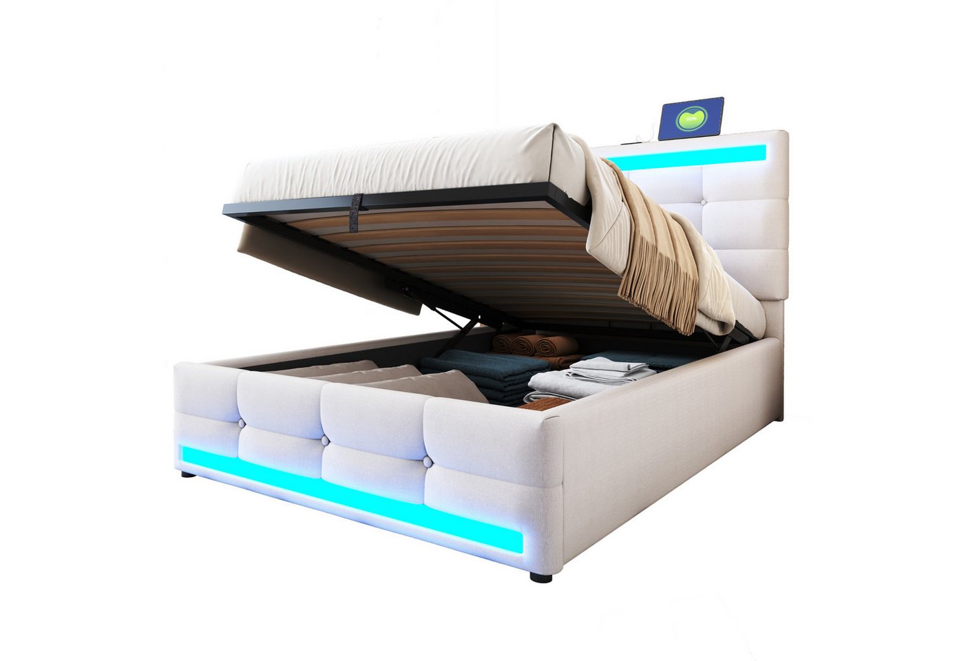 REDOM Polsterbett mit USB-Anschlüssen, RGB-LED-Licht und hydraulischem Stauraum (Stauraumbett mit verstellbarem Kopfteil, Funktionsbett 90x200 cm), ohne Matratze von REDOM
