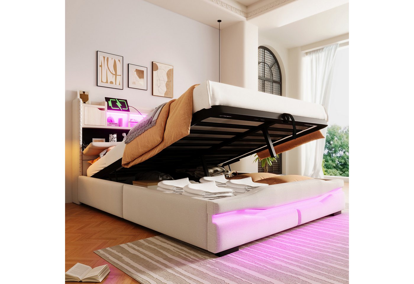 REDOM Polsterbett mit hydraulischem Stauraum, LED-Beleuchtung & Fernbedienung (Kinderbett, Stauraumbett mit Kopfteil, Nachtisch-Speicher und innovativem Design, 140x200 cm), ohne Matratze von REDOM