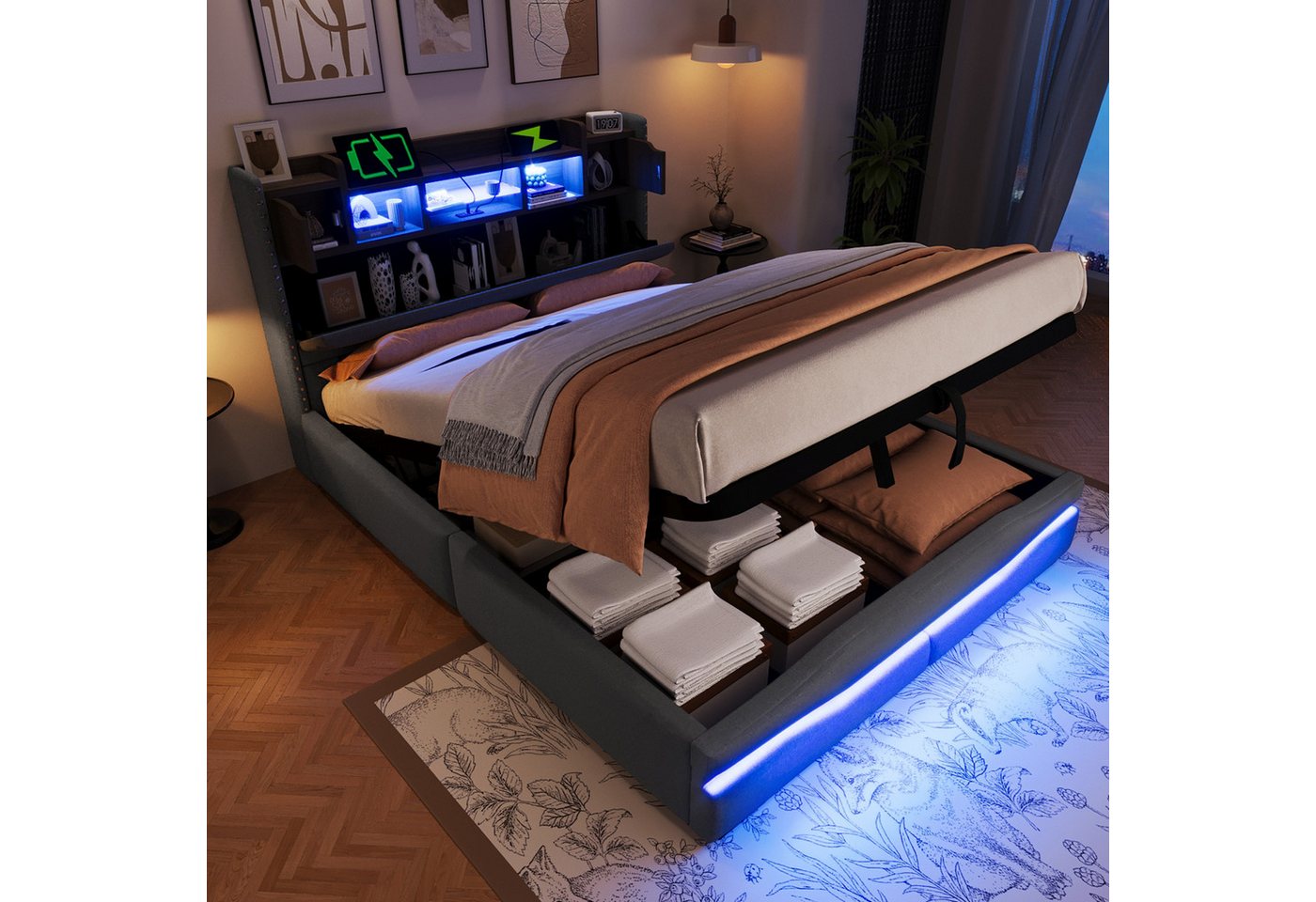 REDOM Polsterbett mit hydraulischem Stauraum, LED-Beleuchtung & Fernbedienung (Kinderbett, Stauraumbett mit Kopfteil, Nachtisch-Speicher und innovativem Design, 140x200 cm), ohne Matratze von REDOM