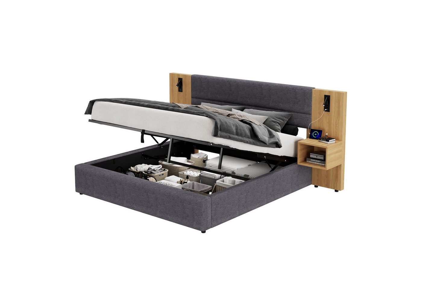 REDOM Polsterbett Holzmaserung und einfache Montage (Struraumbett, Doppelbett,Funktionsbett, 2-tlg., 160 x 200 cm, mit Matratze), 2 Nachttischen, USB-Ladeanschlüssen, Lesebeleuchtung von REDOM