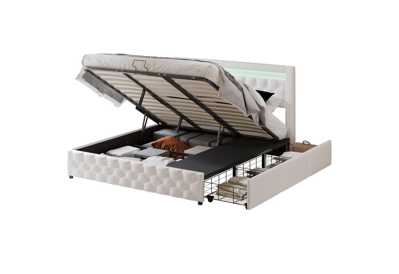 REDOM Polsterbett mit praktische Stauraum und Schubladen (Doppelbett, Stauraumbett, Funktionsbett, 2-tlg., 160 x 200cm, mit Matratze), mit LED-Beleuchtung, einfache Montage von REDOM