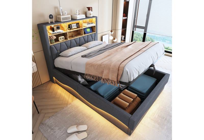 REDOM Polsterbett mit smartem LED-Lichtband per APP (Stauraumbett mit USB-Ladeanschluss und robustem Metall-Lattenrost, Hydraulisches Kinderbett 140x200 cm), ohne Matratze von REDOM