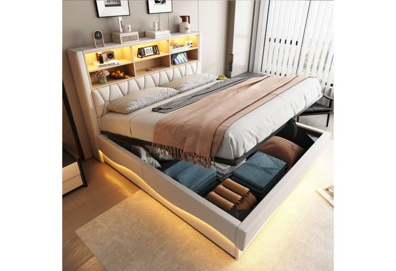 REDOM Polsterbett mit smartem LED-Lichtband per APP (Stauraumbett mit USB-Ladeanschluss und robustem Metall-Lattenrost, Hydraulisches Kinderbett 180x200 cm), ohne Matratze von REDOM